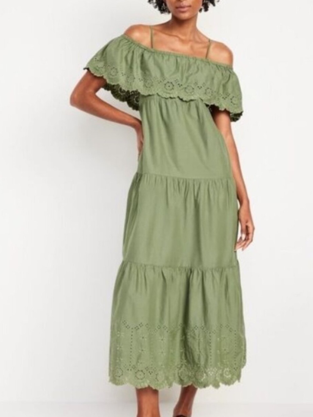 Old Navy Olive Green One-Shoulder Eyelet Tiered Midi Dress